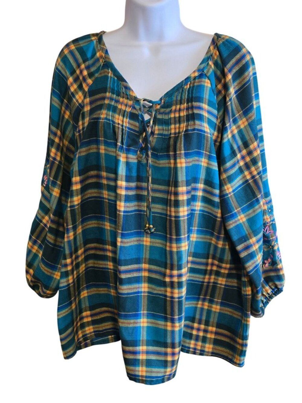 Blue & Yellow Plaid Peasant Top With Floral Embroidered Sleeves pioneer woman